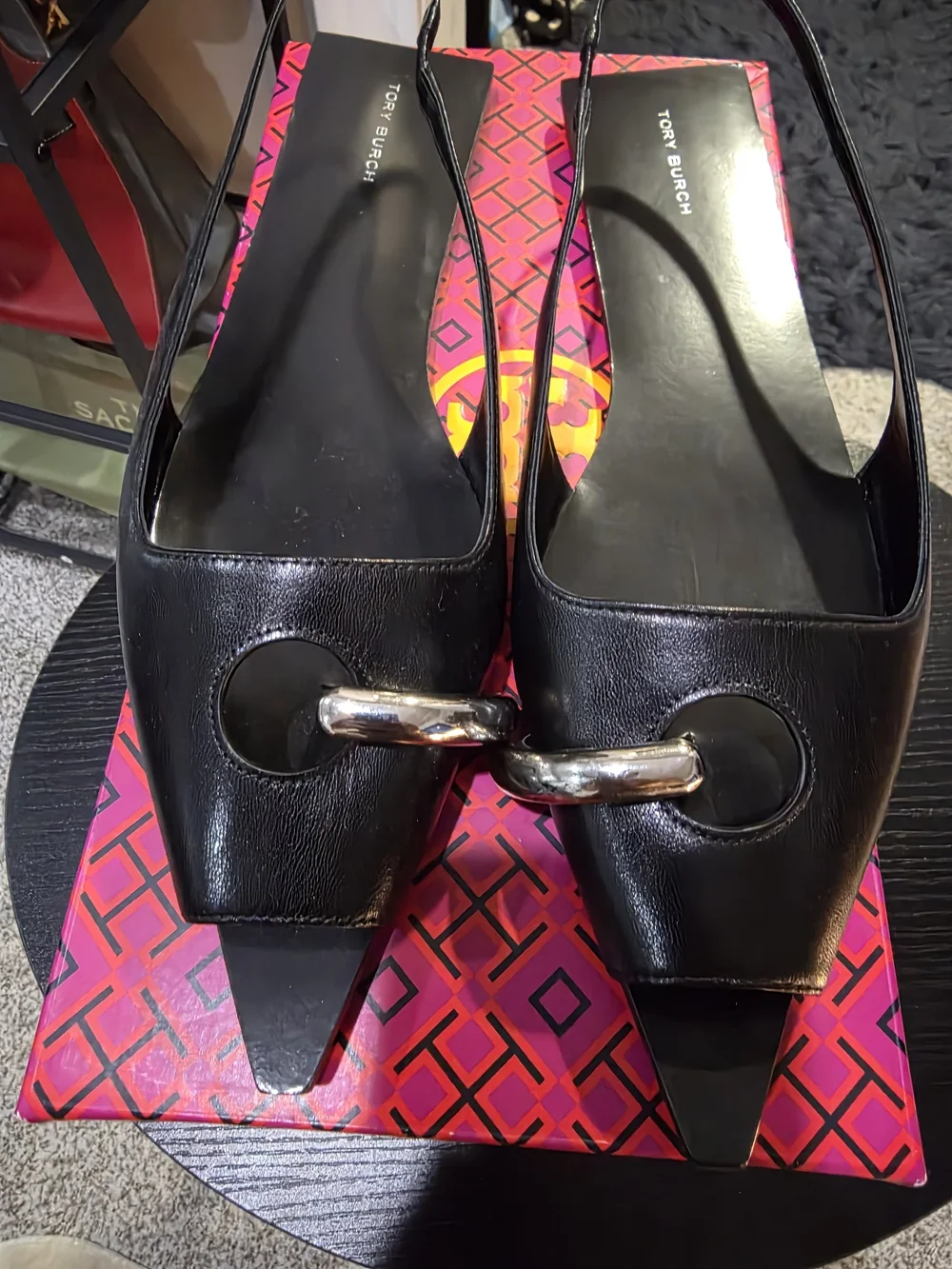 NWOT Tory Burch Pierced Black Goat Leather Slingback Mules with Silver Hardware